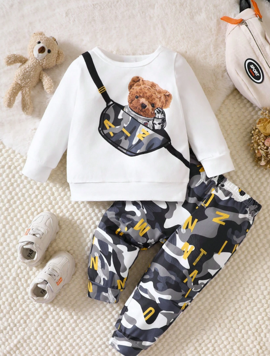Baby Boy Bear Print Sweatshirt & Camo Print Sweatpants