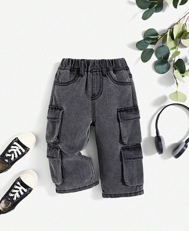 SHEIN Baby Boys' Casual Cool Cargo Pocket Wide Legs Denim Grey Jeans ,For Back To School Clothes
