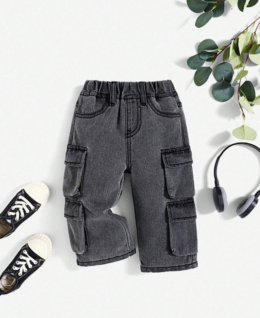SHEIN Baby Boys' Casual Cool Cargo Pocket Wide Legs Denim Grey Jeans ,For Back To School Clothes