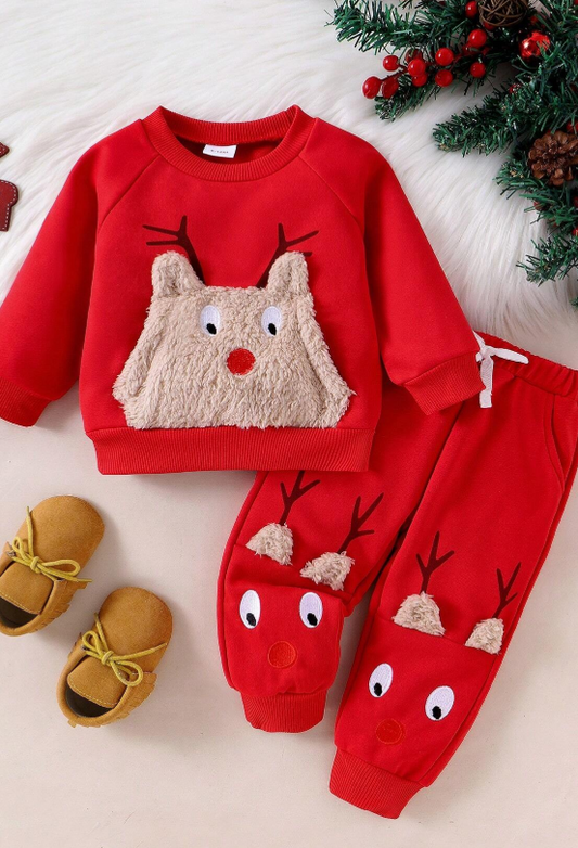 2pcs Baby Boys Cute Animal Print Long Sleeve Outfit, AutumnWinter, For Christmas