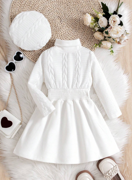 Young Girl White Knitted Stand Collar Casual Dress With Elastic Waist Design, Soft And Warm, Suitable For Everyday And Formal Occasions
