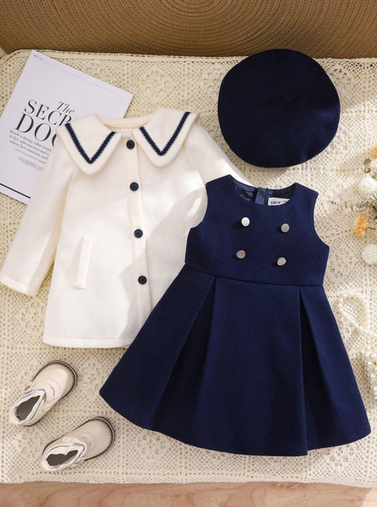 SHEIN 2pcs Baby Girl's Collegiate Style Adorable Woolen Sleeveless Dress & Long Cardigan Set