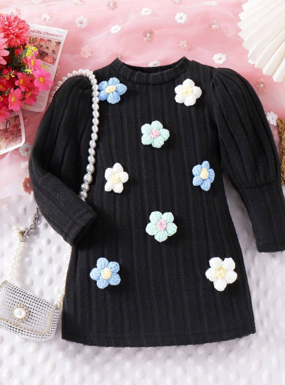 1pc Baby Girls Elegant Floral Puff Sleeve Long Sleeve Dress, AutumnWinter