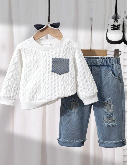 Baby Boy Patchwork Denim Pocket Round Neck Long Sleeve Top And Distressed Jeans Set