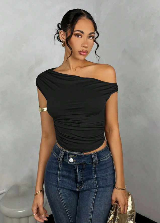 SHEIN BAE Women's Solid Color Ruched Asymmetrical Asymmetrical Neck Top For Summer