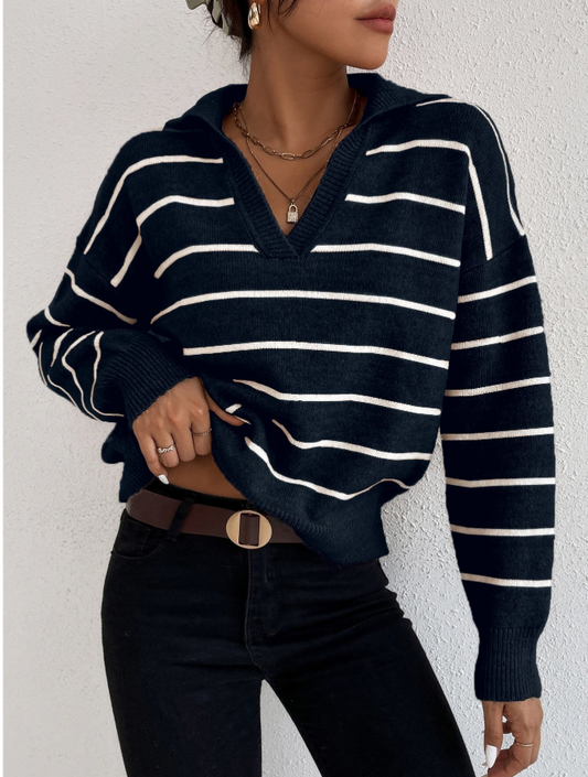 SHEIN Relaxiva Striped Notched Drop Shoulder Sweater
