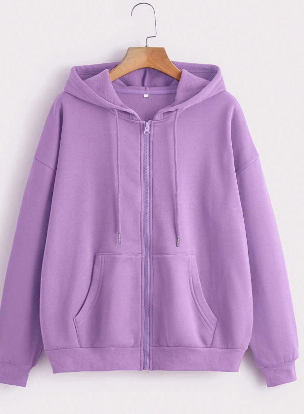 INAWLY Plus Solid Zip Up Drawstring Drop Shoulder Thermal Lined Hoodie, For Winter