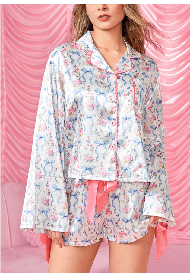 ROMWE Kawaii Romantic Floral Bow Tie Collar Long Sleeve Shorts 2-Piece Loungewear Set, Casual Palace Style