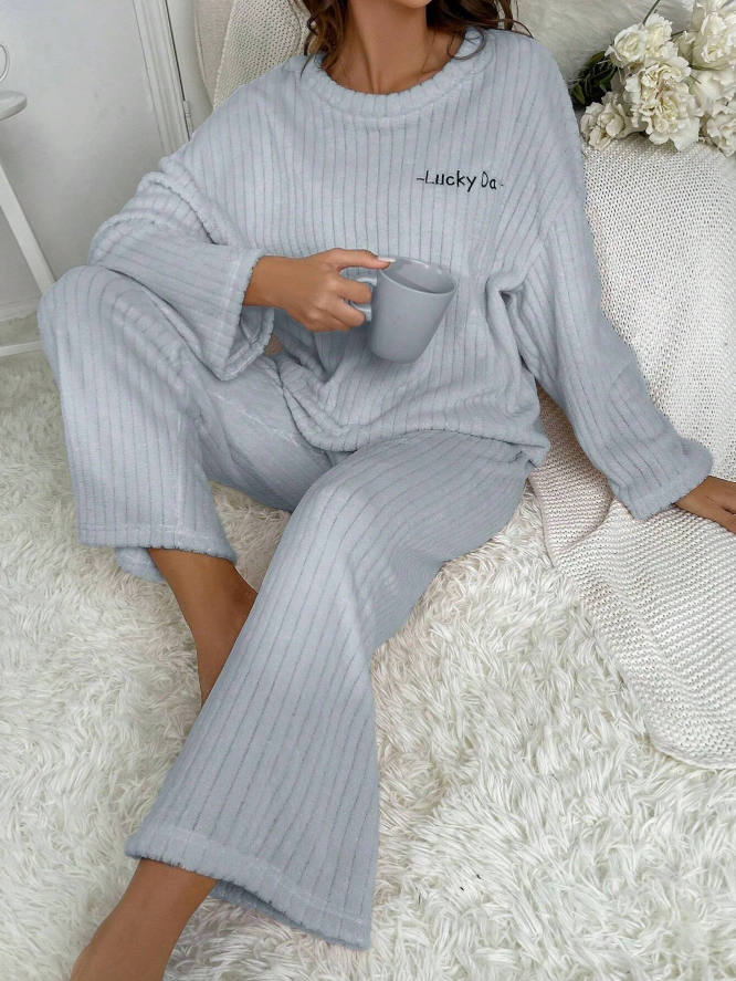 Solid Color Letter Embroidery Long Sleeve & Long Pants Casual Wear Set
