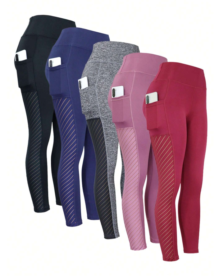 SHEIN Running 5pcs Striped Print Phone Pocket Sports Leggings