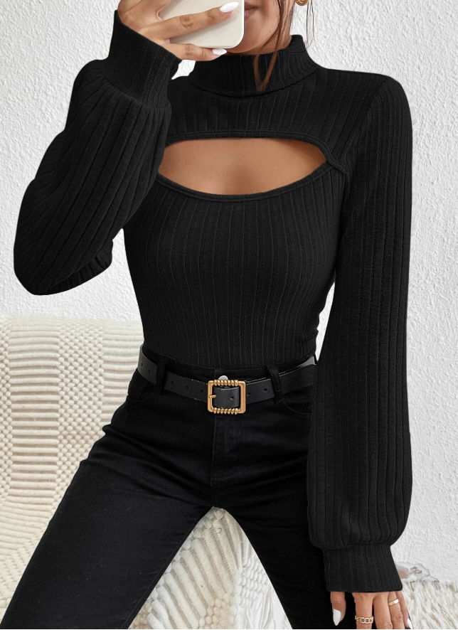 SHEIN Privé Cut Out Mock Neck Lantern Sleeve Tee