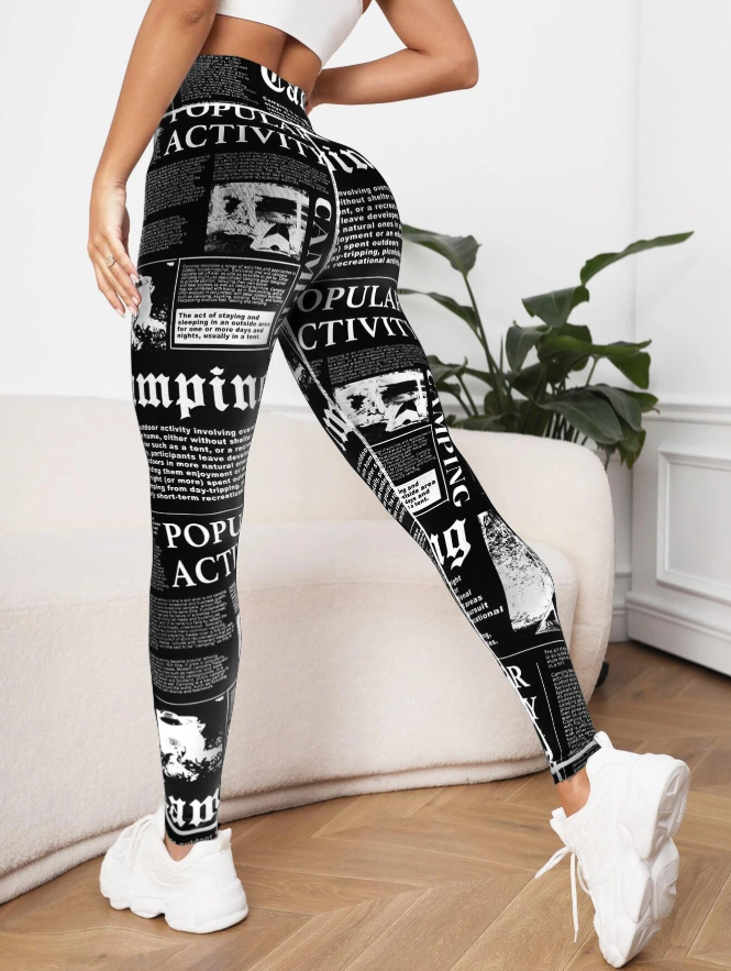 SHEIN Sport Gameset Newspaper Print Wideband Waist Sports Leggings