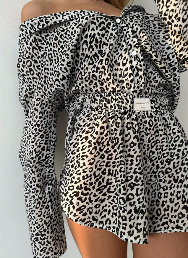 2pcsSet Women Casual Leopard Print Turndown Collar Cardigan And Shorts Pajama Loungewear For Home Use
