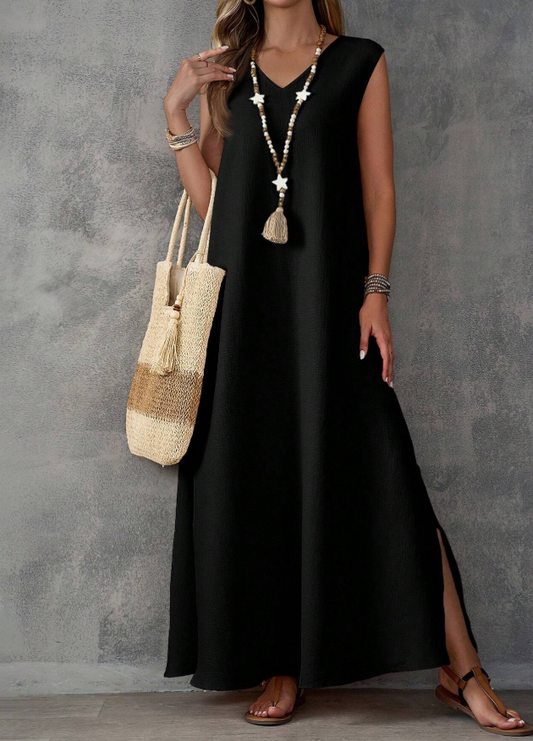EMERY ROSE Khaki Textured Fabric Sleeveless V-Neck Slit Women's Dress