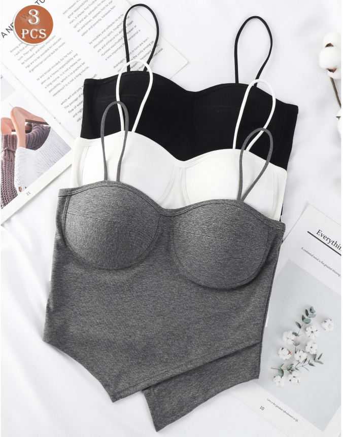 3pcs Ladies' Multi-Color Combination Camisole With Built-In Bra Cups, All-Seasons Fashion Vest