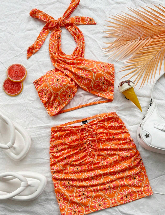 SHEIN WYWH Women's Vacation Style Orange Boho Print Cross Crisscross Front Top