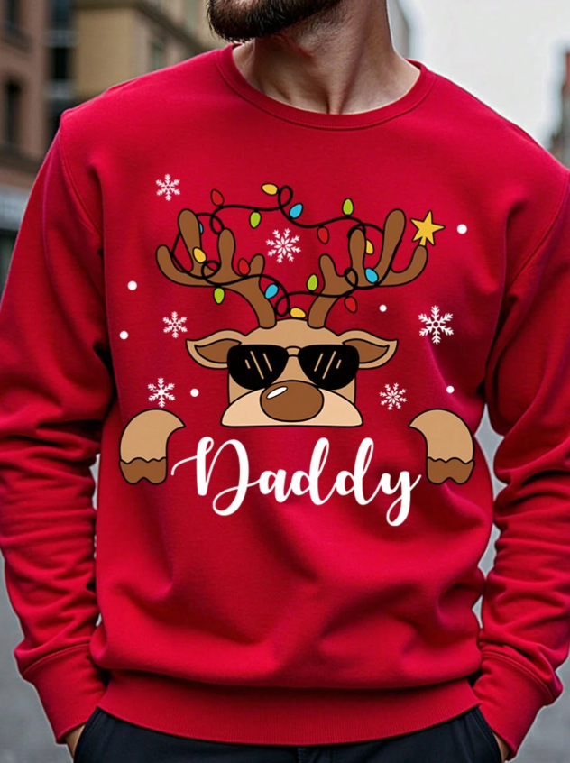 Christmas Men Casual Reindeer, Christmas Light, Snowflake Graphic, Family Slogan Letter Print Thermal Lined Crew Neck Sweatshirt,