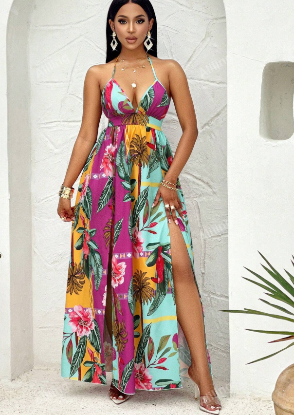 Elegant Plant Print Double Slit Dress (Random Pattern)