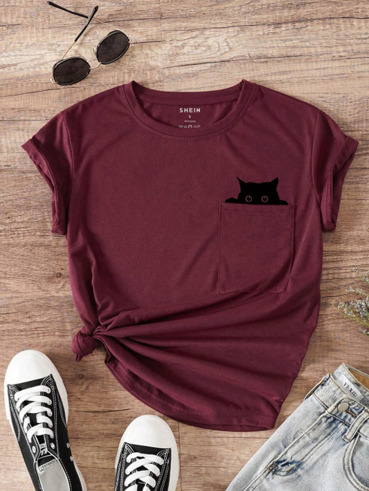 INAWLY Cat Print Pocket Patched Tee Graphic Tees Women Tops