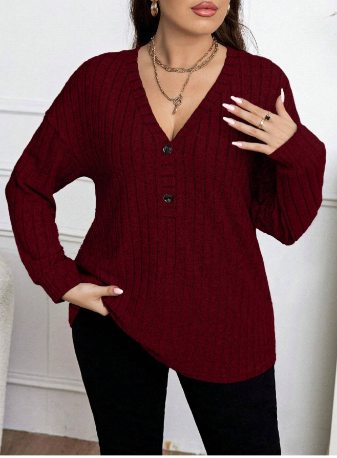 SHEIN Relaxiva Plus Size V-Neck Long Sleeve T-Shirt, For Thanksgiving