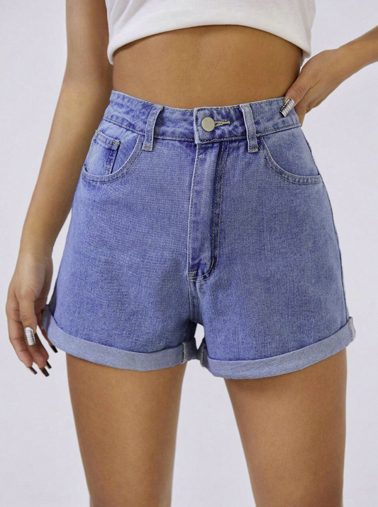 SHEIN EZwear High Waist Roll Up Hem Denim Shorts, Mom Shorts