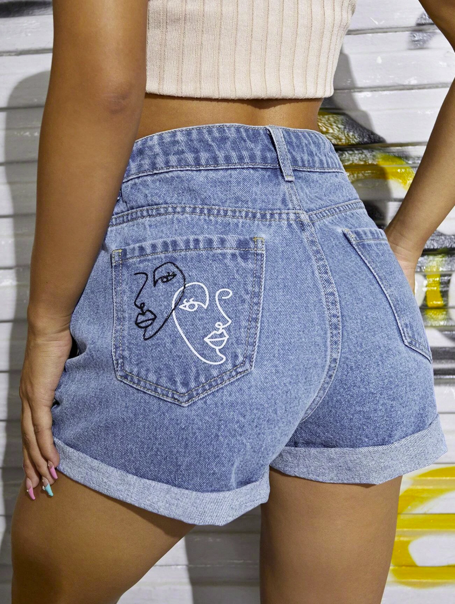 SHEIN EZwear Figure Graphic Roll Up Hem Denim Shorts, Mom Shorts