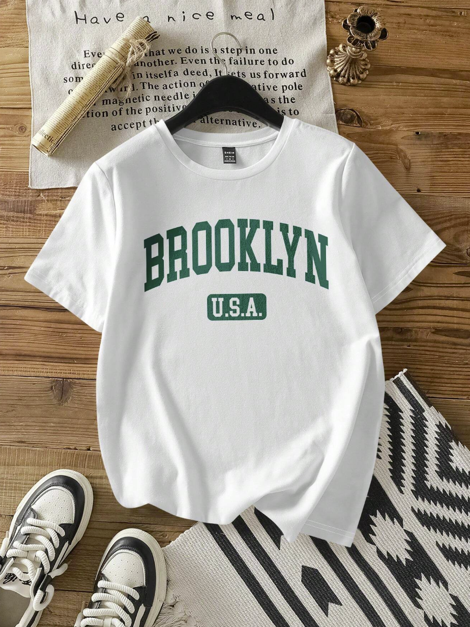 Attitoon Casual Simple Letter Print Round Neck Short Sleeve T-Shirt For Women