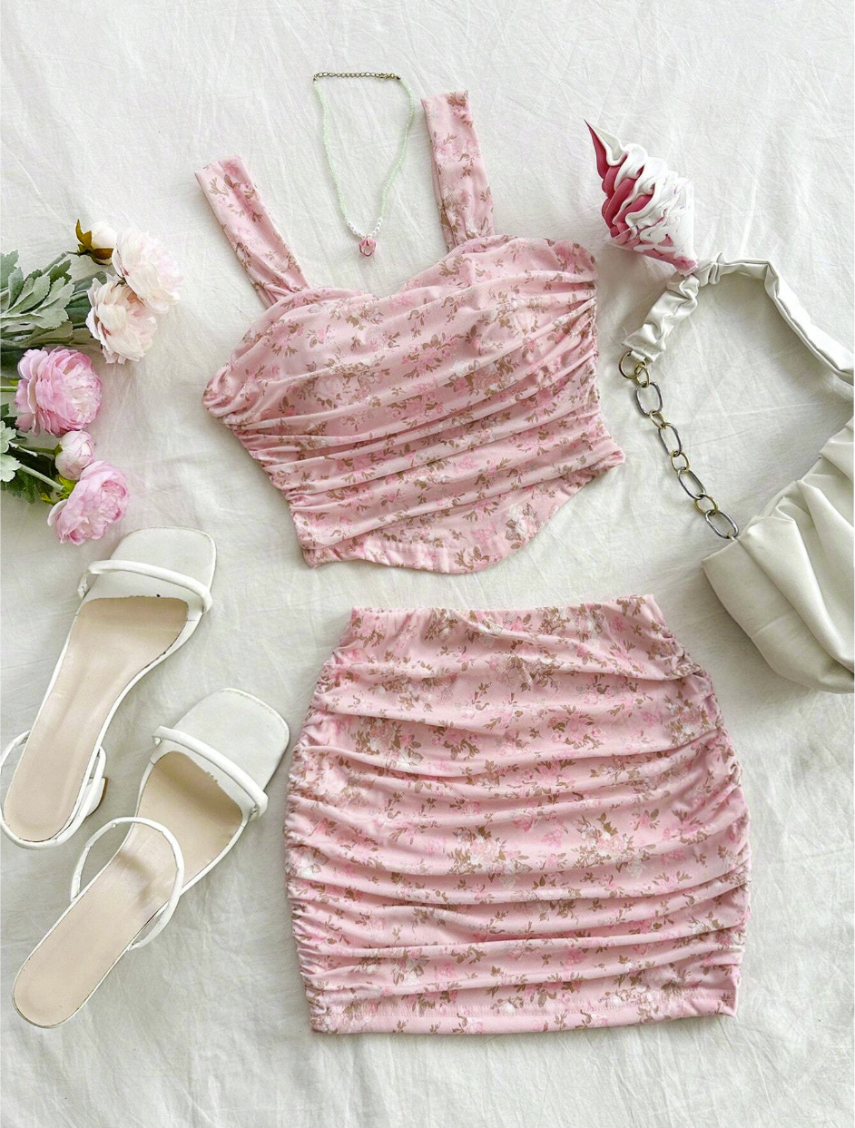 SHEIN Dreamara Women's Pink Floral Bodycon Top & Skirt Set, Perfect For Vacation