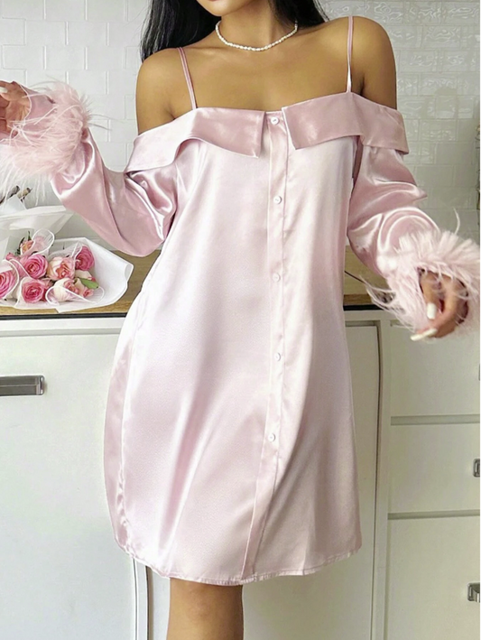 SweetSlumber Sweet INS Sexy Open Shoulder Ladies Furry Patchwork Loose Nightgown