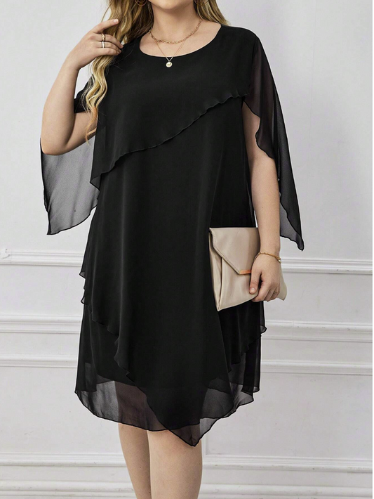 Plus Solid Cape Sleeve Overlay Dress