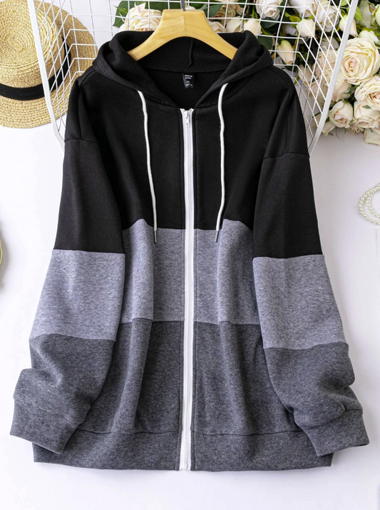 SHEIN Relaxiva Plus Colorblock Zip Up Drawstring Hoodie