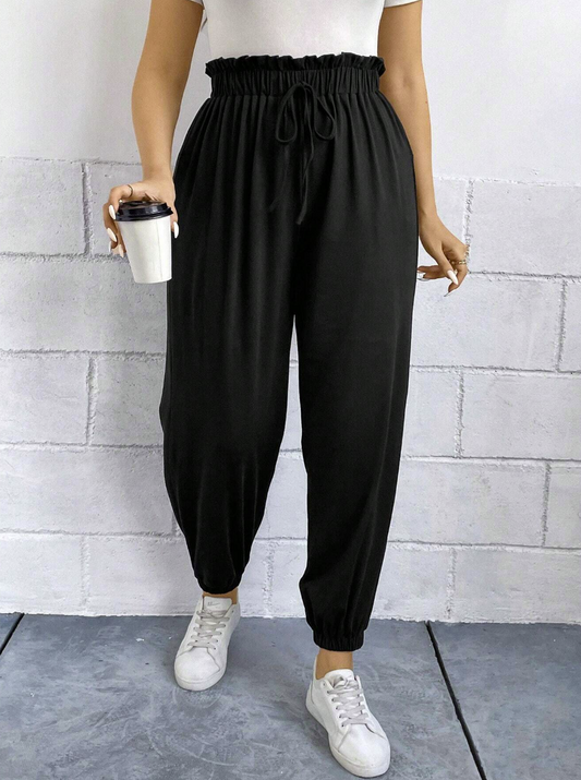 SHEIN LUNE Plus Casual Solid Paperbag Waist Knot Front Sweatpants For Autumn & Winter