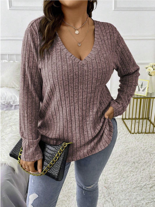 Plus V Neck Ribbed Knit Tee