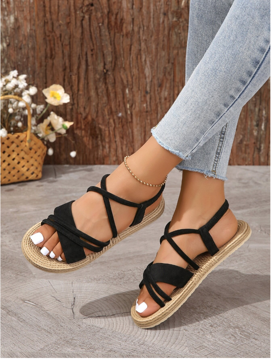 Summer New Arrival! Fashionable Women's Vacation Sandals, Black Crossed Strap Slippers