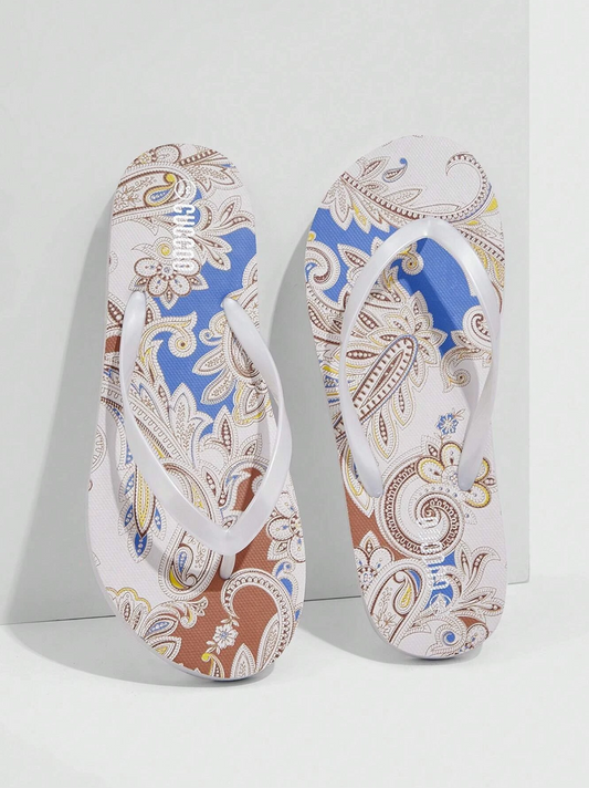 Woman Shoes Paisley Pattern Toe Post Flip-Flops, Fashion Outdoor PVC Flip Flops For Summer Vacation Shoes