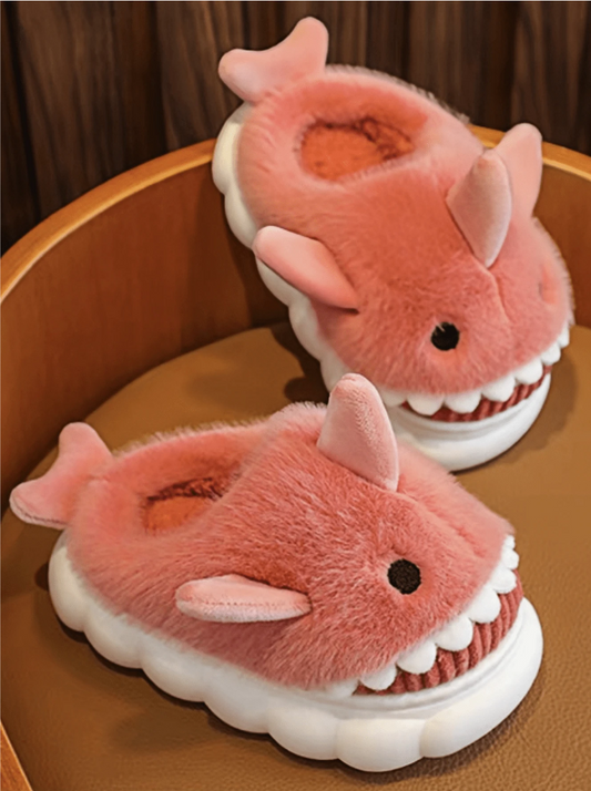 1pair Kids Thermal Slippers, Cartoon Shark Pattern, Warm Plush Lining