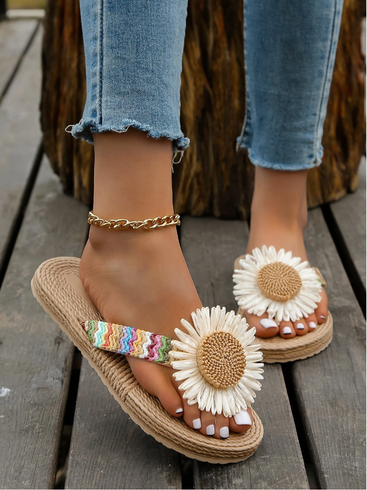 Women Flower Decor Flip Flops, Vacation Summer Flip Flop