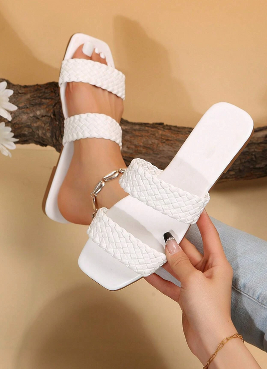 Vacation Slide Sandals For Women, Braid Detail Double Strap Flat Sandals