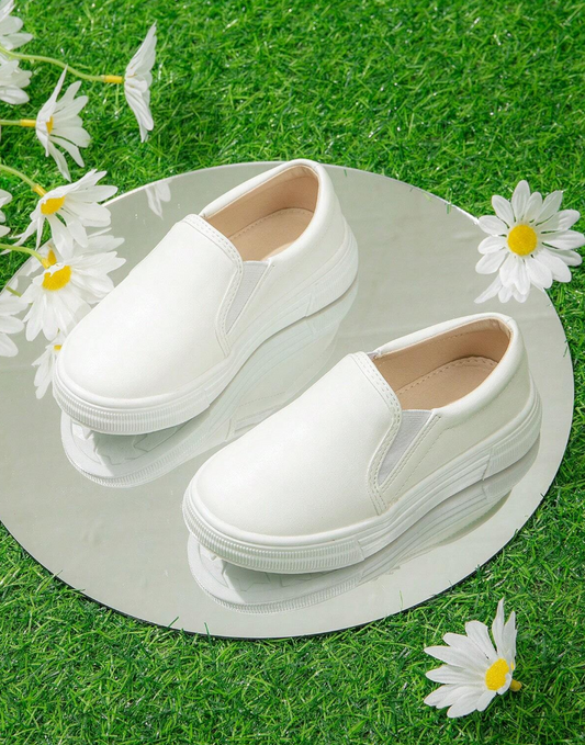 Baby Girls' Fashionable Simple Design Slip-On Running Shoes, White