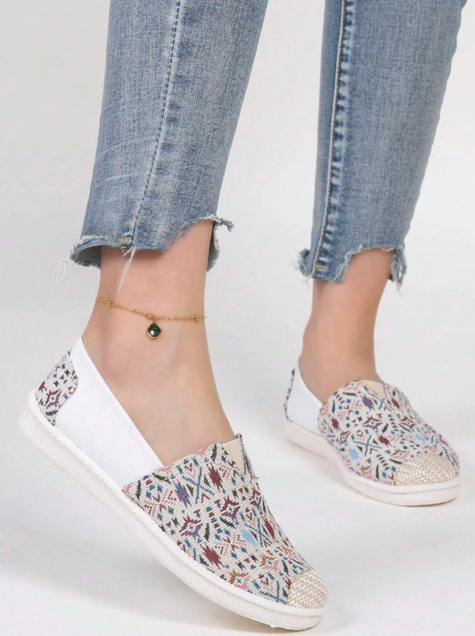 Women Geometric Pattern Casual Shoes, Sport Outdoor Fabric Slip On Shoes