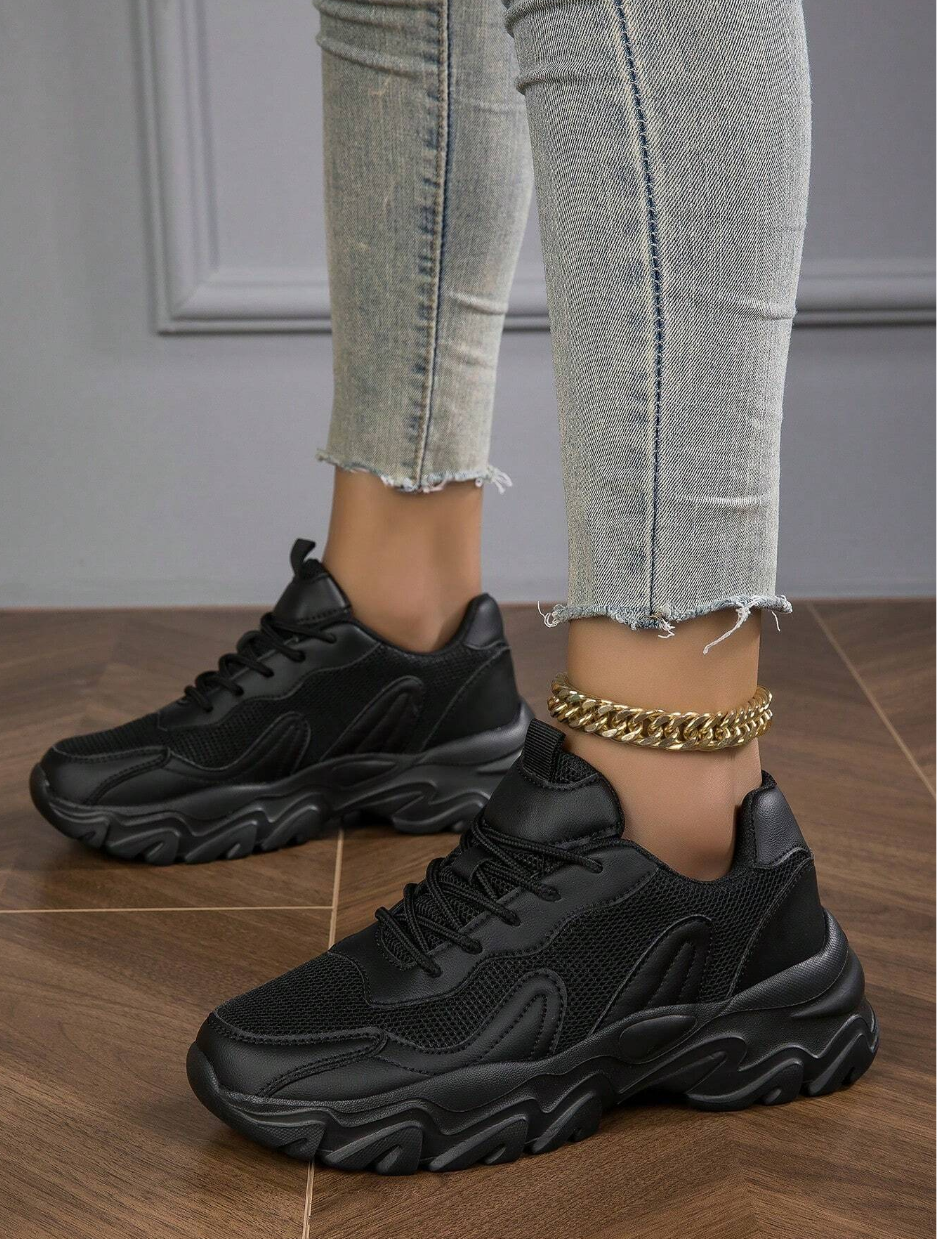 New Arrival Thick Bottom All Black Chunky Shoes, Women's Breathable & Comfortable