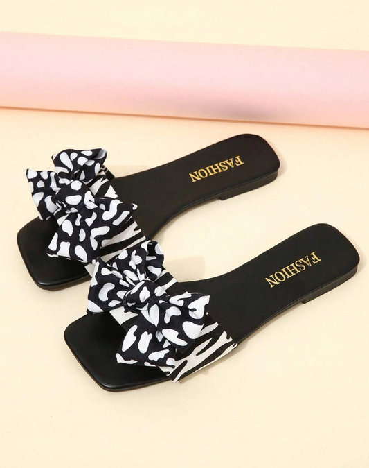 Women Two Tone Bow Decor Slide Sandals, Fashion Summer Flat Sandals Valentines