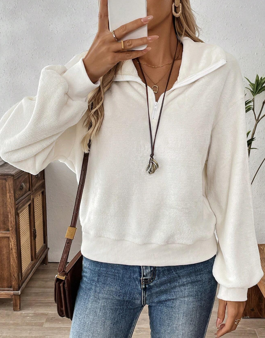 EMERY ROSE Women's Solid Color Zip-Up Fleece Hooded Pullover Sweatshirt, Loose Fit, Casual, AutumnWinter