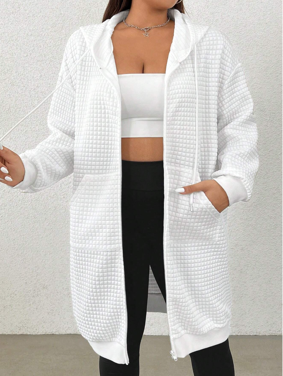 SHEIN EZwear Plus Size Spring & Autumn Casual Solid Color Textured Drawstring Hooded Sweatshirt