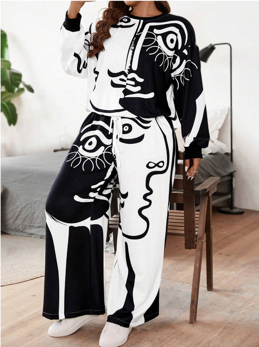 SHEIN MOOSTA 2pcsSet Plus Size Women Eye-Print Round Neck