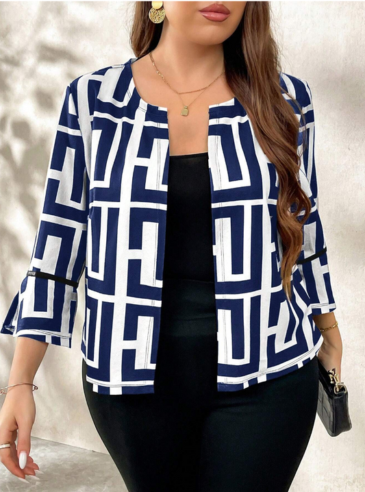 SHEIN Clasi Elegant Geometric Print Plus Size Jacket For Commute, Versatile For FallWinter