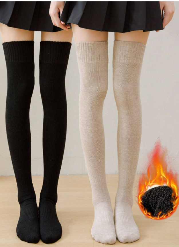 2pairsPack Women Over-The-Knee Socks, Solid Color Thigh High Socks