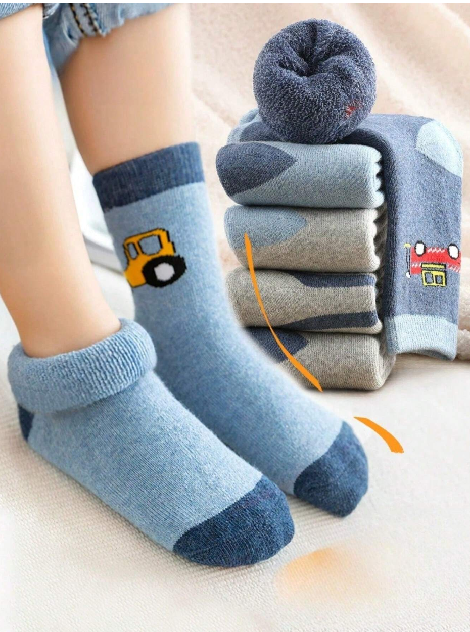 5 Pairs Of Children's Thick Winter Socks, Cute Car Pattern Plush Socks