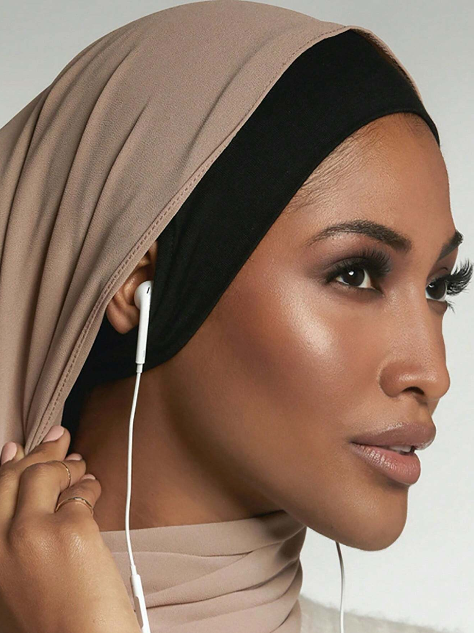 1pc Women's Modal Black Headscarf With Ear Hole, Suitable For Daily Wear Casual Headband Soft Hijab Abaya Accessories Under Cap