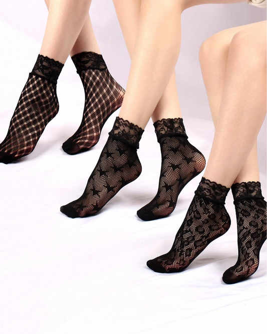 3pairs Women Hollow Out Star Print Fashionable Crew Socks For Daily Life